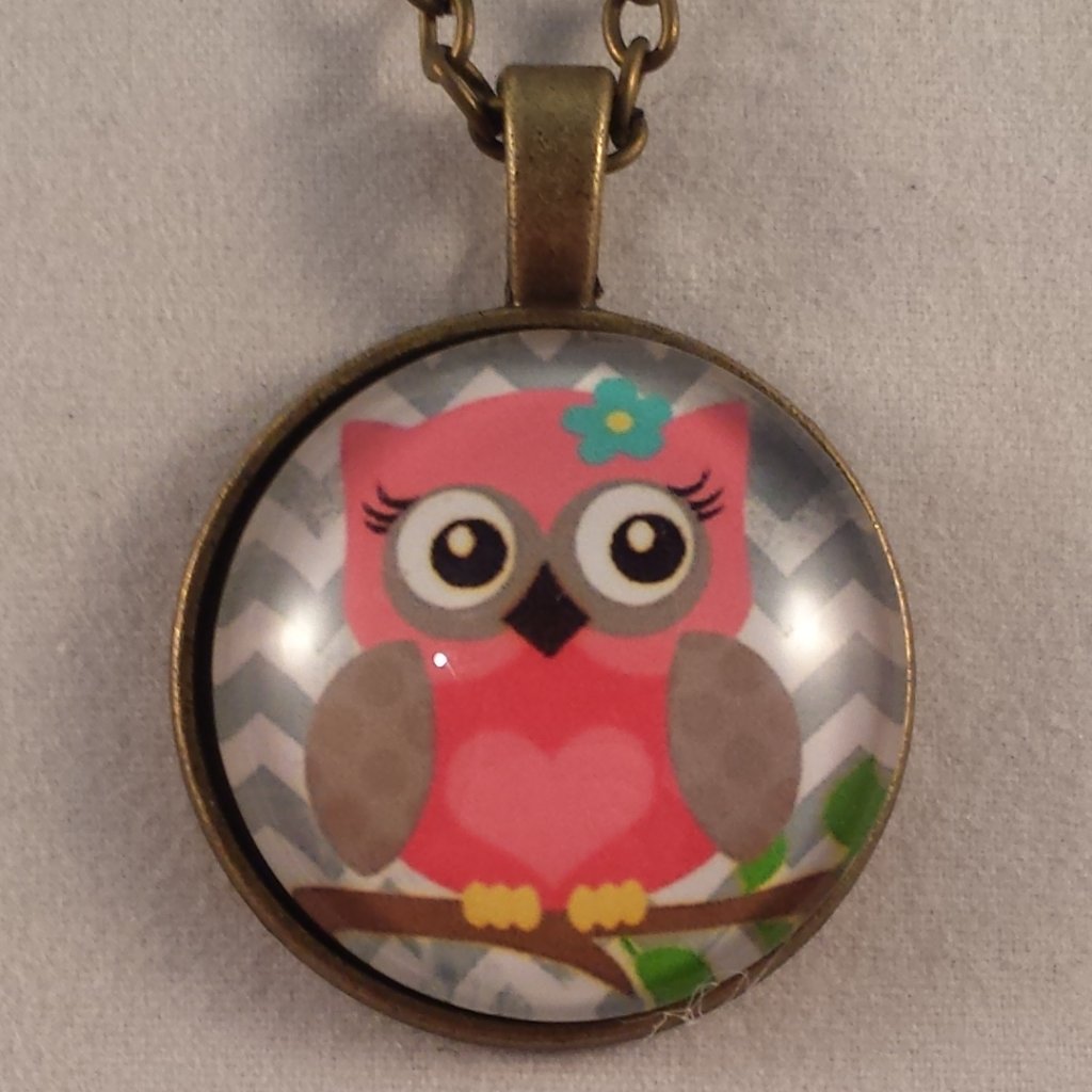 Bronze Pink Owl Cabochon Pendant Necklace 20$